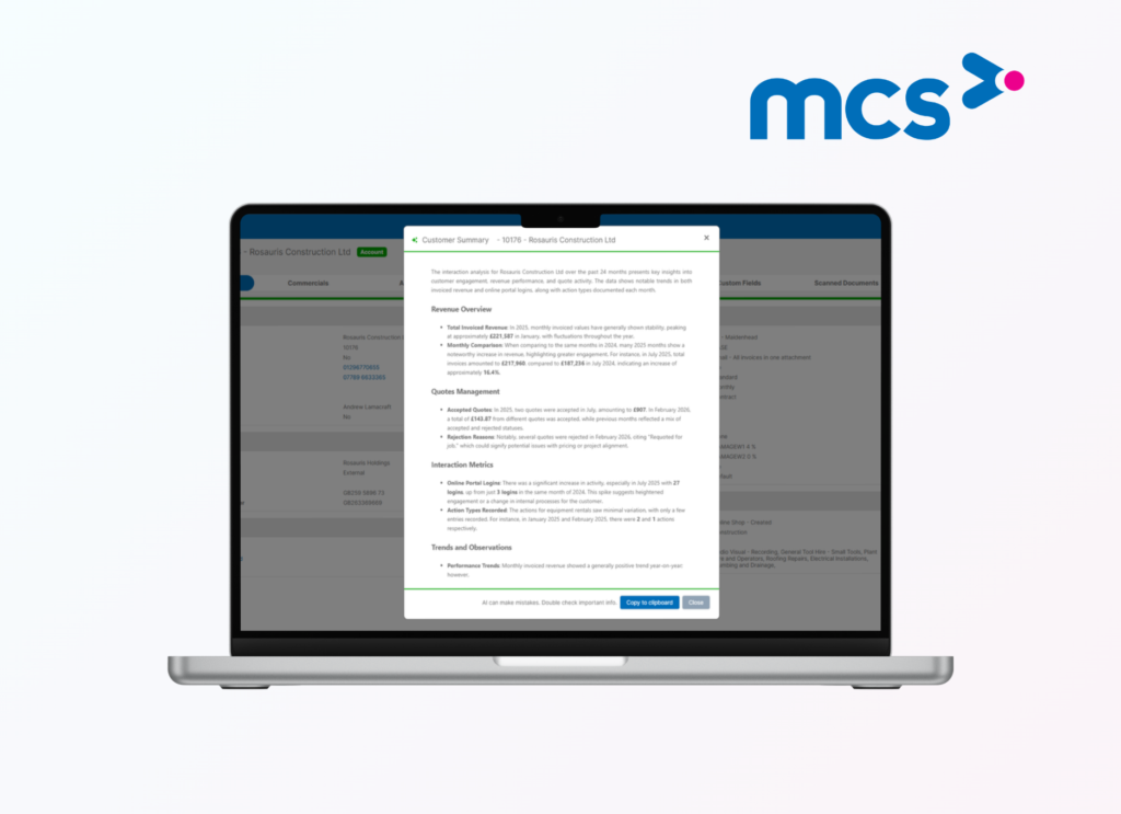 Unlock customer insights with MCS Rental Software’s AI-powered summaries